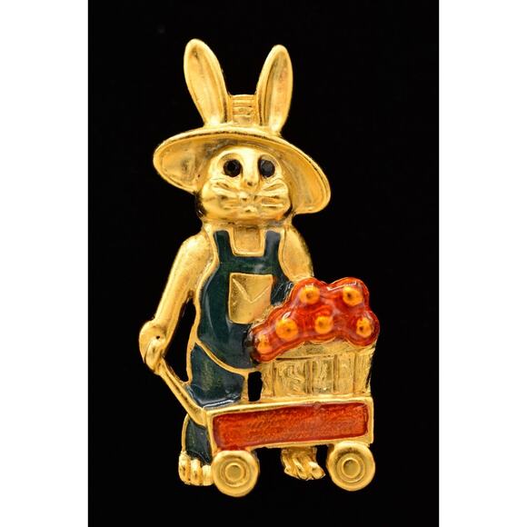 Danecraft Vintage Farmer Bunny Pin Brooch Gold Spring Rabbit Easter Signed A21 - Picture 1 of 12